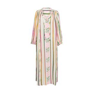 BB Boo Gemes Peyton Caftan Dress Womens Small Green Pink Midi Cotton Stripe Boho